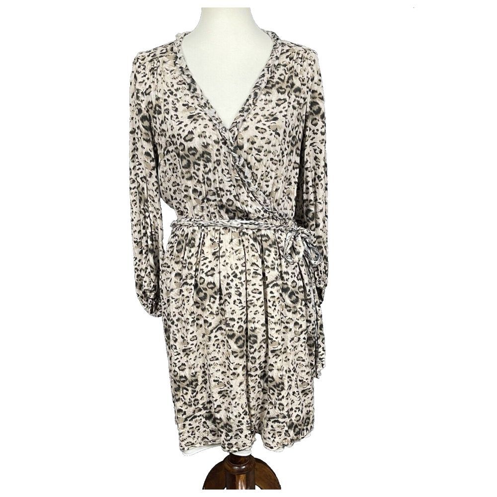 Rebecca Taylor Dress Womens 12 Tan Leopard Animal Print‎ Faux Wrap Belt Braid